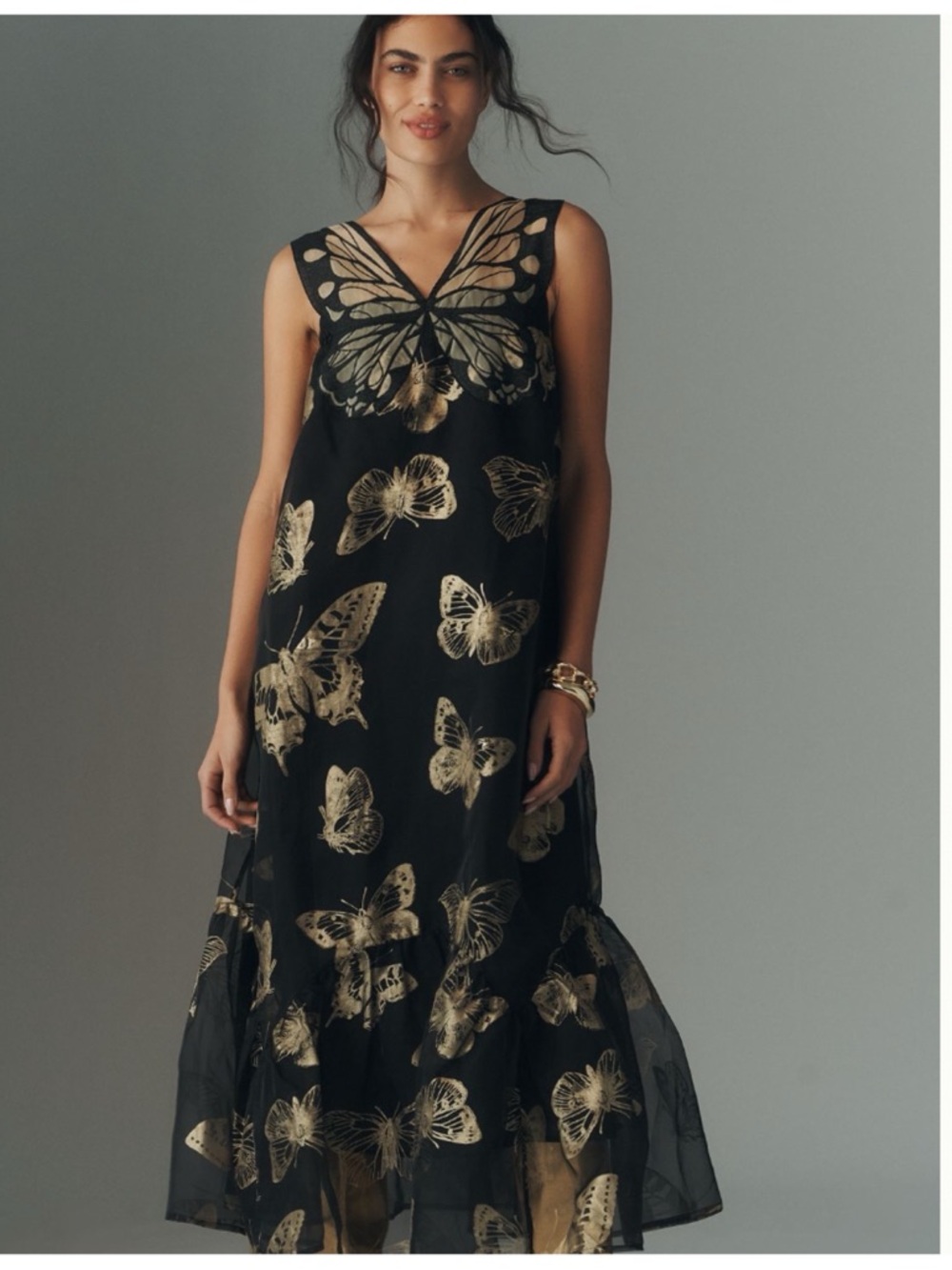 NWT Anthropologie Sleeveless Gold Butterfly Organza like Print Midi Dress, L